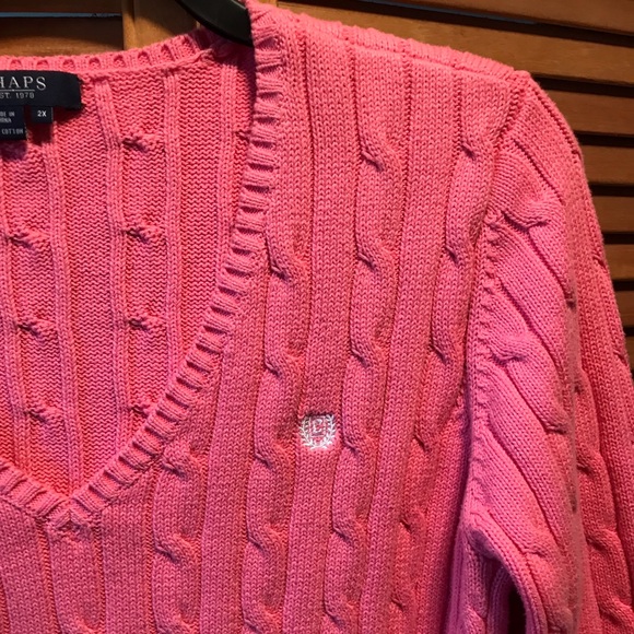 Chaps Pink Cable Knit V-neck Sweater - Picture 5 of 8